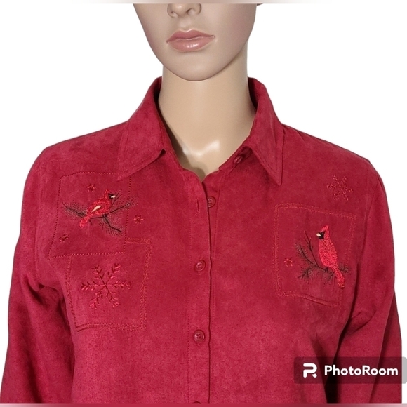 Northern Reflections Red Embroided Suede Button Down Shirt Shacket Size XS - Picture 2 of 16